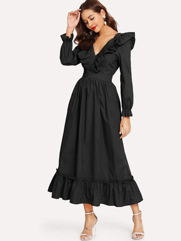 Wrap V Neck Ruffle Dress