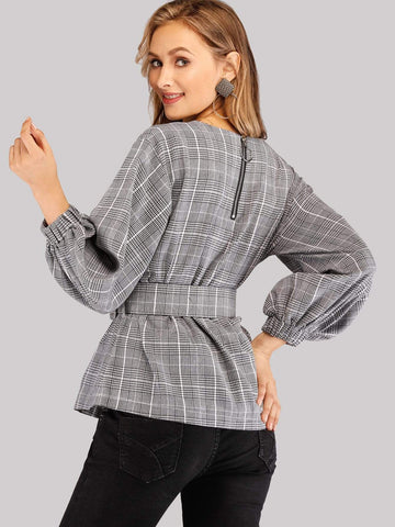 Plaid Self Tie Waist Blouse