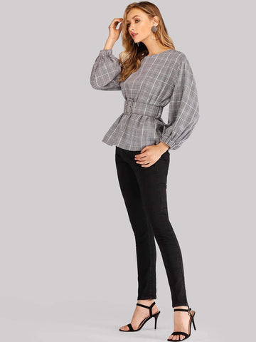 Plaid Self Tie Waist Blouse