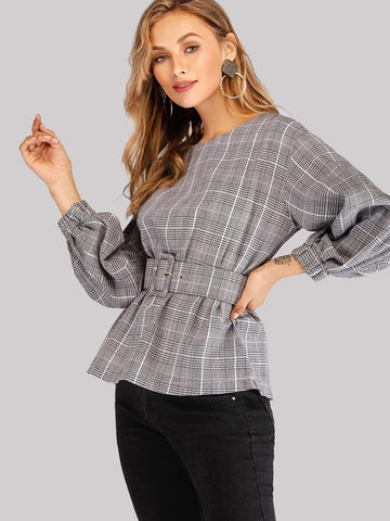 Plaid Self Tie Waist Blouse