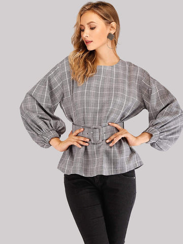 Plaid Self Tie Waist Blouse