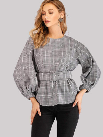 Plaid Self Tie Waist Blouse