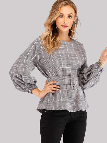 Plaid Self Tie Waist Blouse
