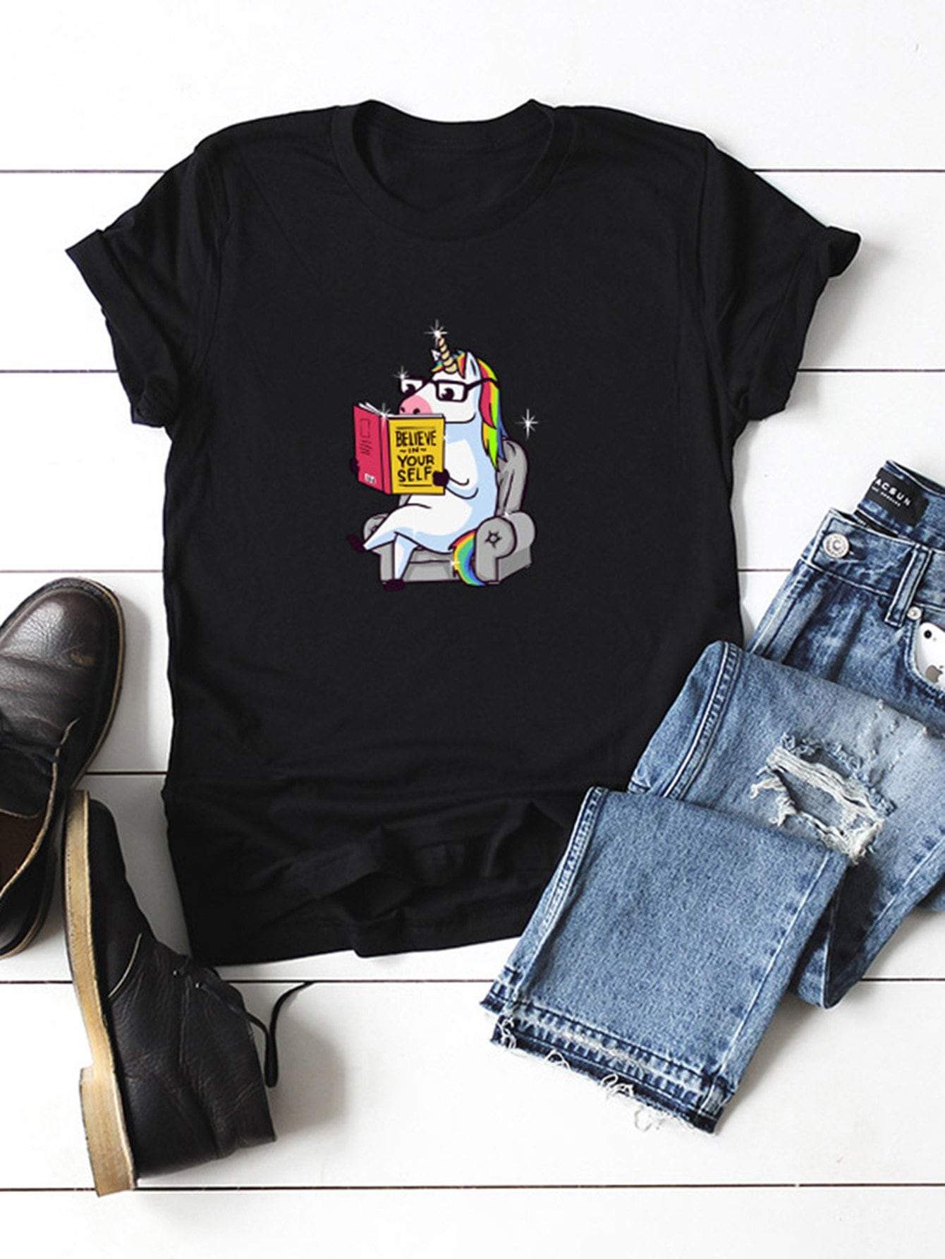 Unicorn Print Cuffed Tee
