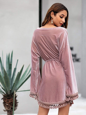 Fringe Hem Belted Velvet Dress