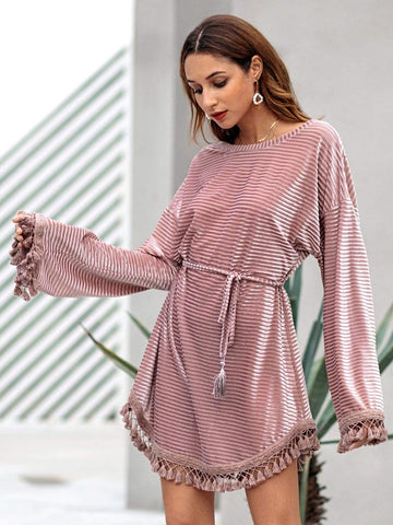 Fringe Hem Belted Velvet Dress