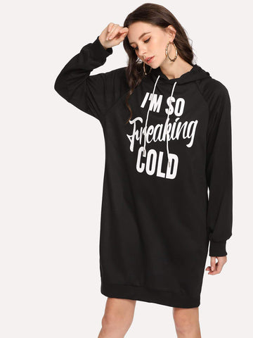 Letter Print Drawstring Detail Hooded Sweat Dress