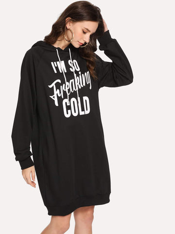 Letter Print Drawstring Detail Hooded Sweat Dress