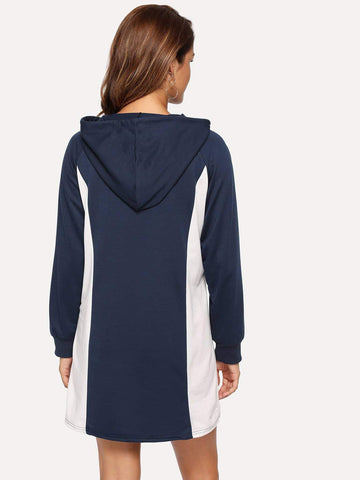 Contrast Panel Drawstring Detail Hoodie Dress