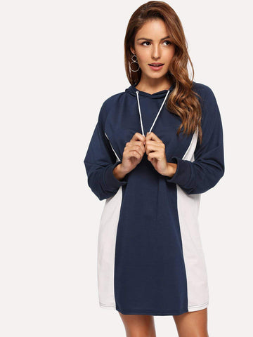 Contrast Panel Drawstring Detail Hoodie Dress