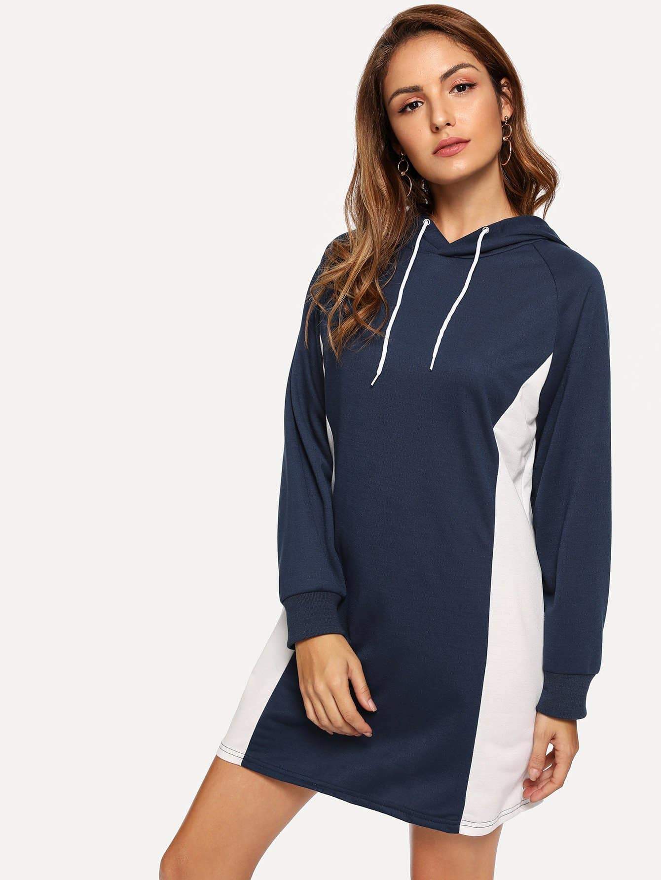 Contrast Panel Drawstring Detail Hoodie Dress