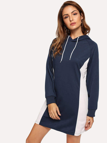 Contrast Panel Drawstring Detail Hoodie Dress