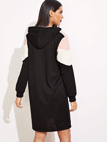 Cut And Sew Panel Drawstring Hoodie Dress