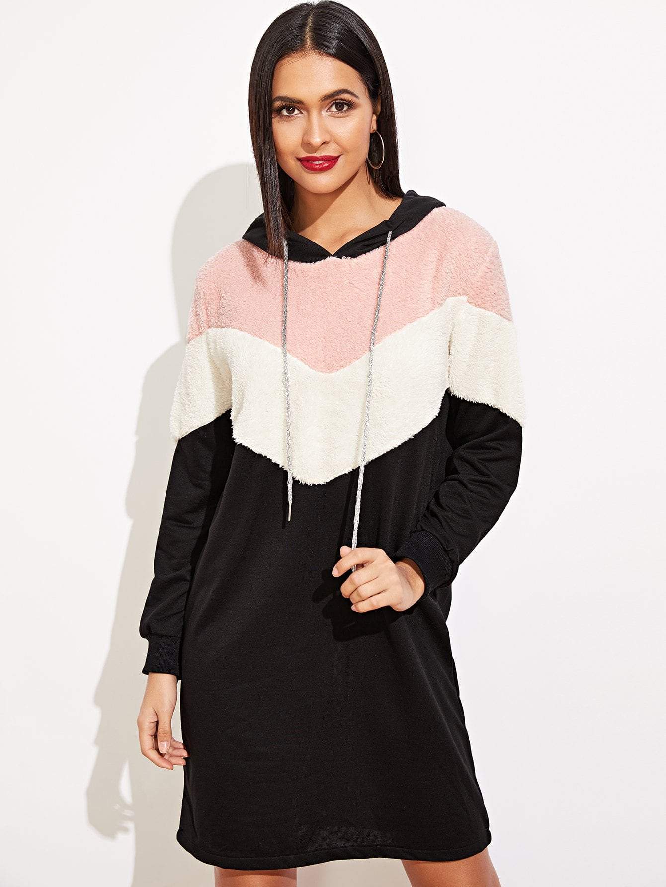 Cut And Sew Panel Drawstring Hoodie Dress