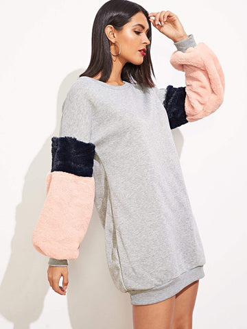 Contrast Faux Shearling Sweatshirt Dress