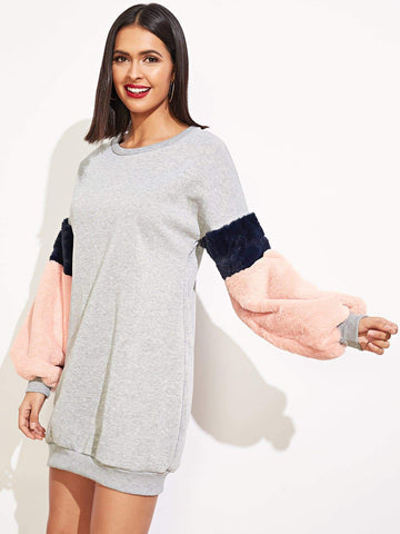 Contrast Faux Shearling Sweatshirt Dress