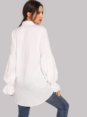 Puff Sleeve Asymmetric Hem Single Breasted Blouse