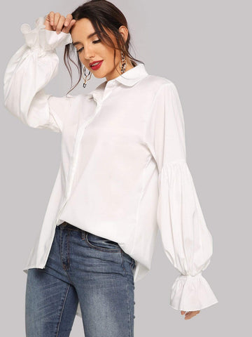 Puff Sleeve Asymmetric Hem Single Breasted Blouse
