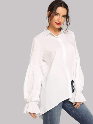 Puff Sleeve Asymmetric Hem Single Breasted Blouse