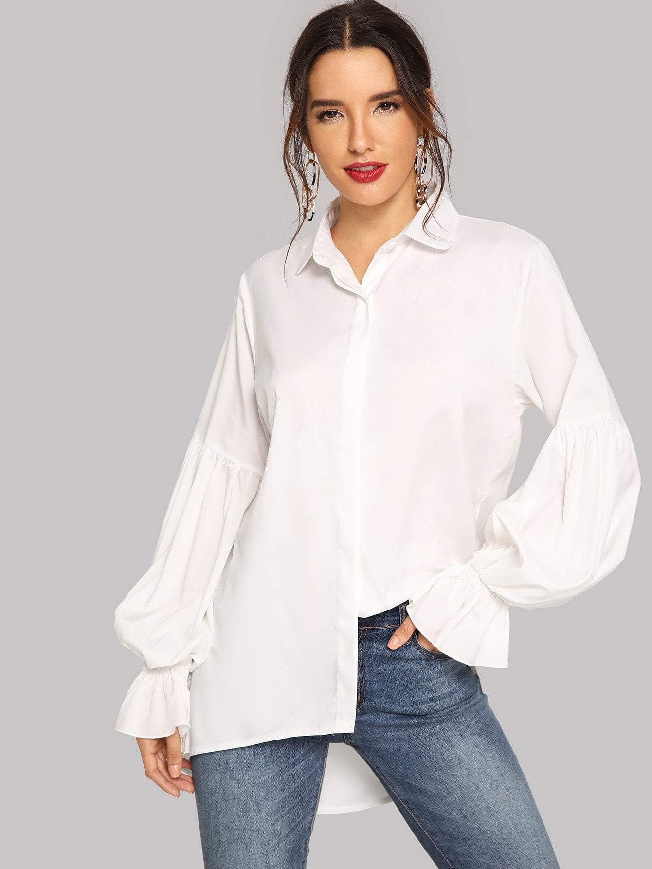 Puff Sleeve Asymmetric Hem Single Breasted Blouse