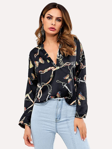 Chain Print V-neck Blouse