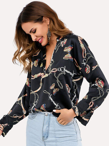 Chain Print V-neck Blouse