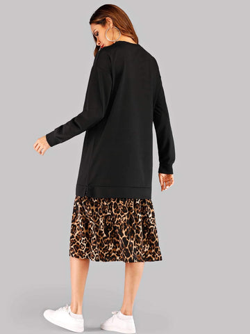 Contrast Panel Leopard Print Dress