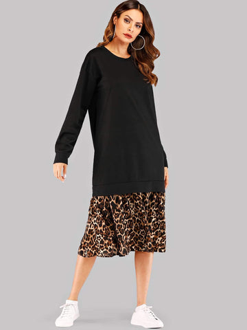 Contrast Panel Leopard Print Dress