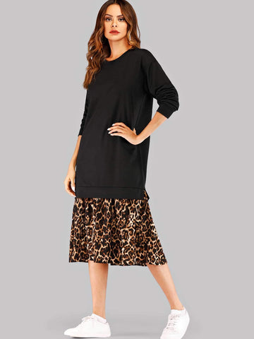 Contrast Panel Leopard Print Dress