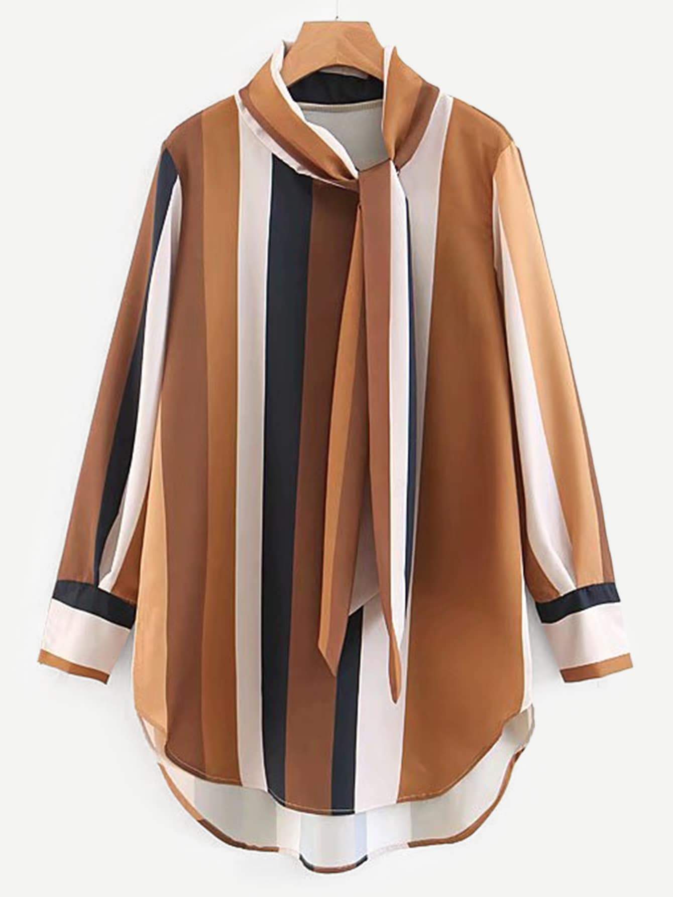 Tie Neck Striped Dip Hem Blouse