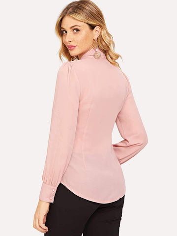 Pussy Bow Curved Hem Blouse
