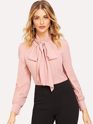 Pussy Bow Curved Hem Blouse