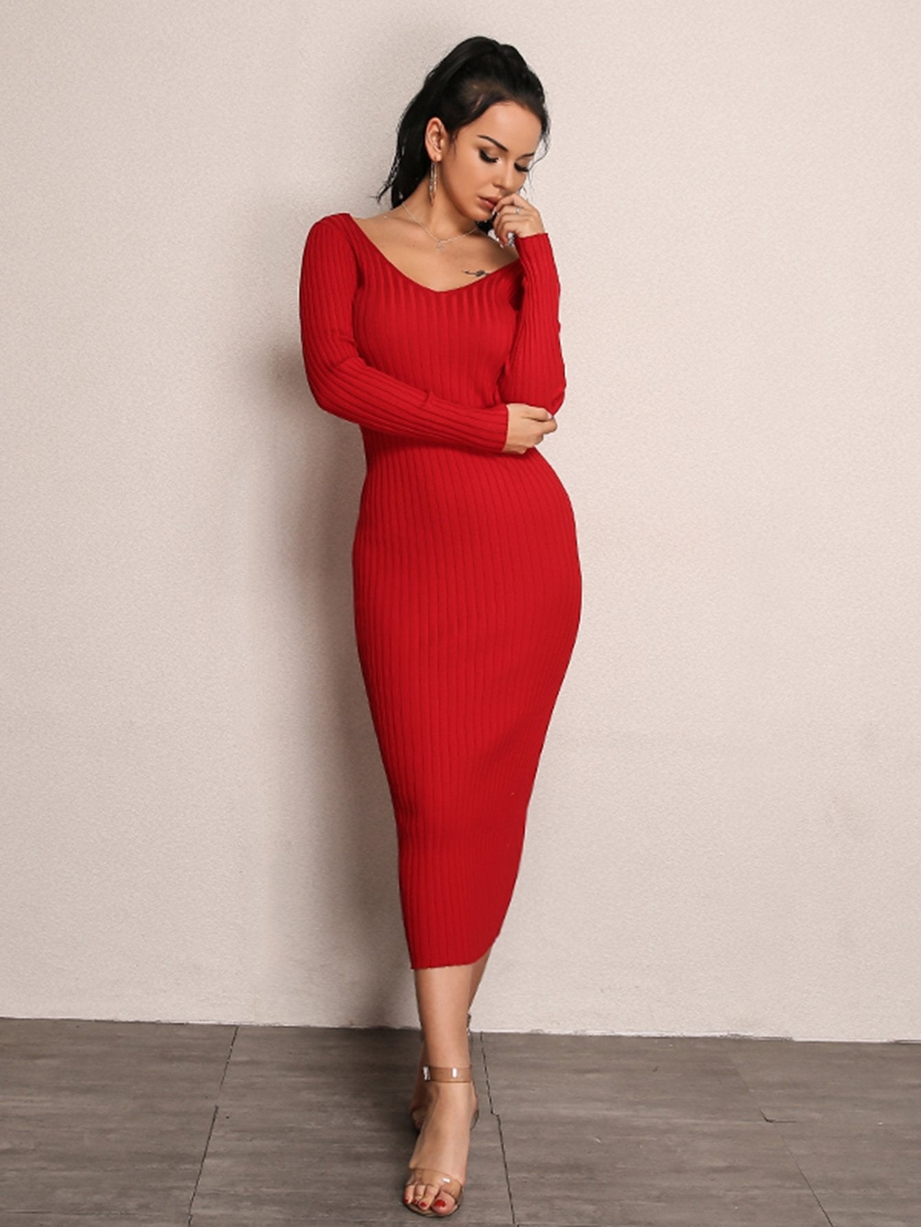 Joyfunear Double V Neckline Rib Knit Dress