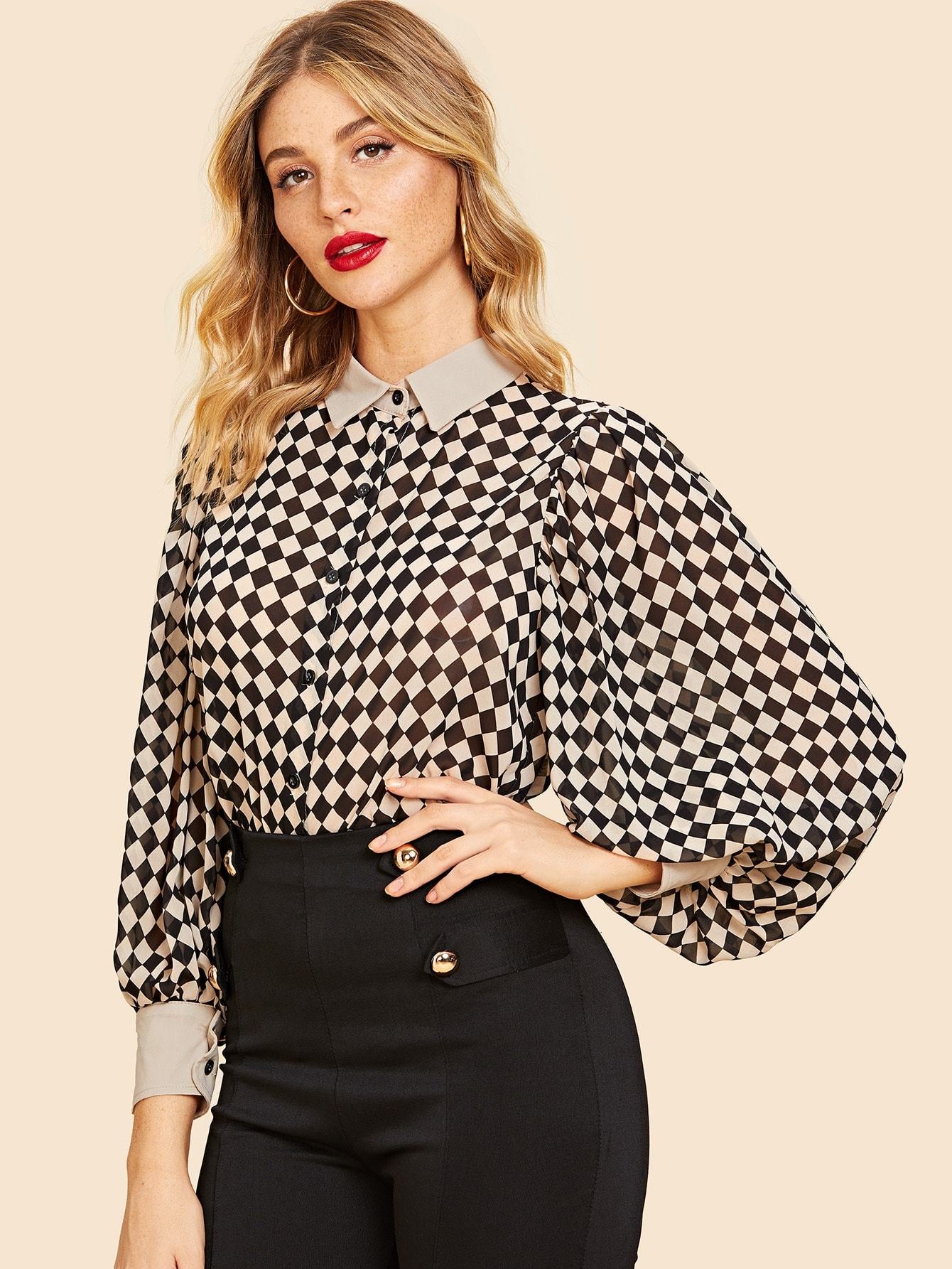 Checkerboard Print Bishop Sleeve Shirt