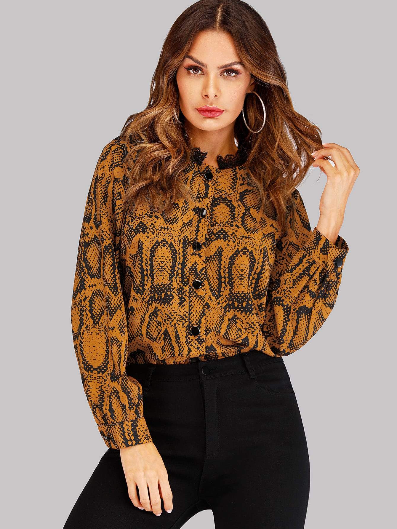 Lace Panel Snakeskin Print Blouse