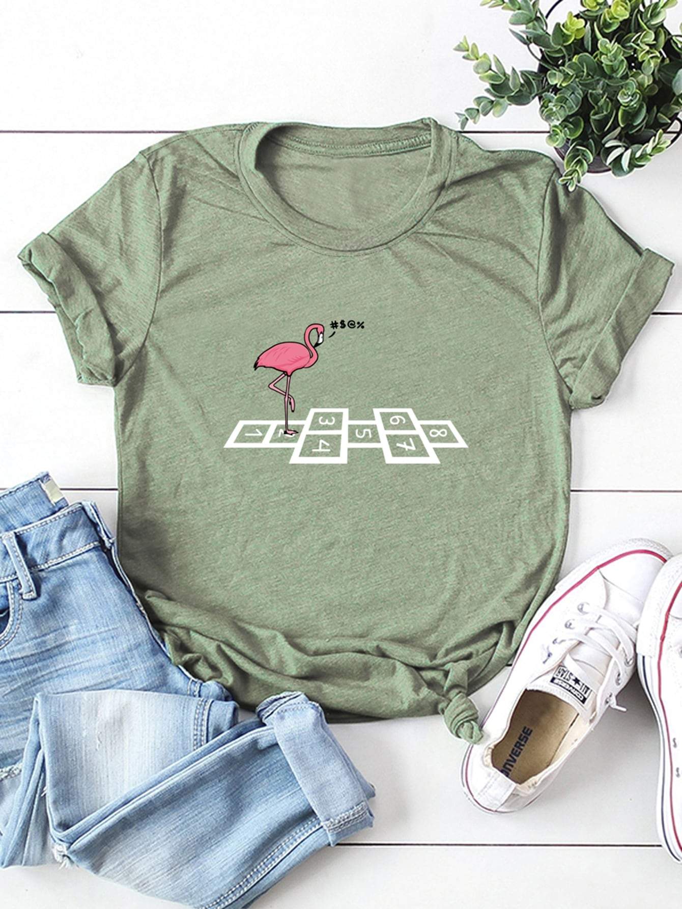 Flamingo And Letter Graphic Cuffed Tee