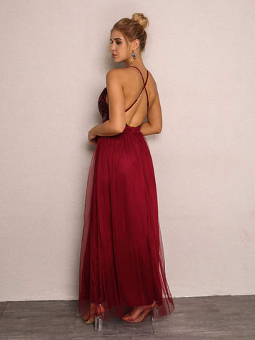 Joyfunear Cross Back Plunge Sequin Top Tulle Dress