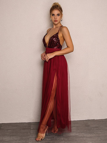Joyfunear Cross Back Plunge Sequin Top Tulle Dress