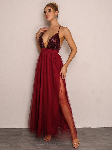 Joyfunear Cross Back Plunge Sequin Top Tulle Dress