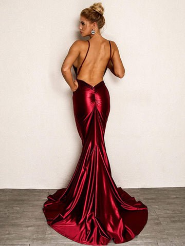 Joyfunear Backless Fishtail Satin Cami Prom Dress