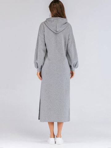 Puff Sleeve Split-side Drop Shoulder Hooded Sweat Dress