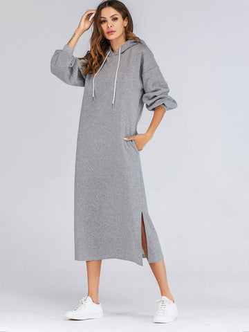 Puff Sleeve Split-side Drop Shoulder Hooded Sweat Dress