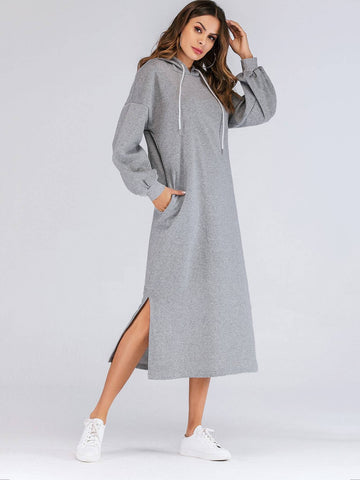 Puff Sleeve Split-side Drop Shoulder Hooded Sweat Dress