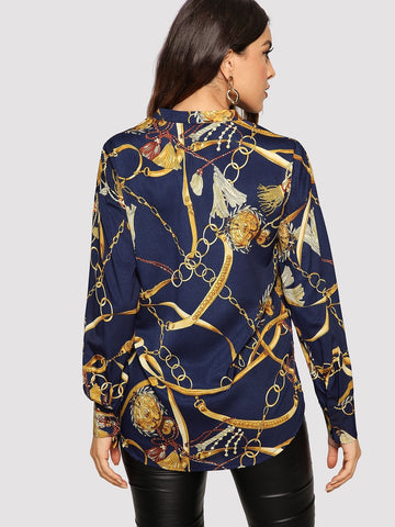 Chain Print V Neck  Blouse