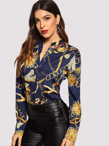 Chain Print V Neck  Blouse