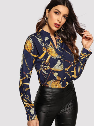 Chain Print V Neck  Blouse