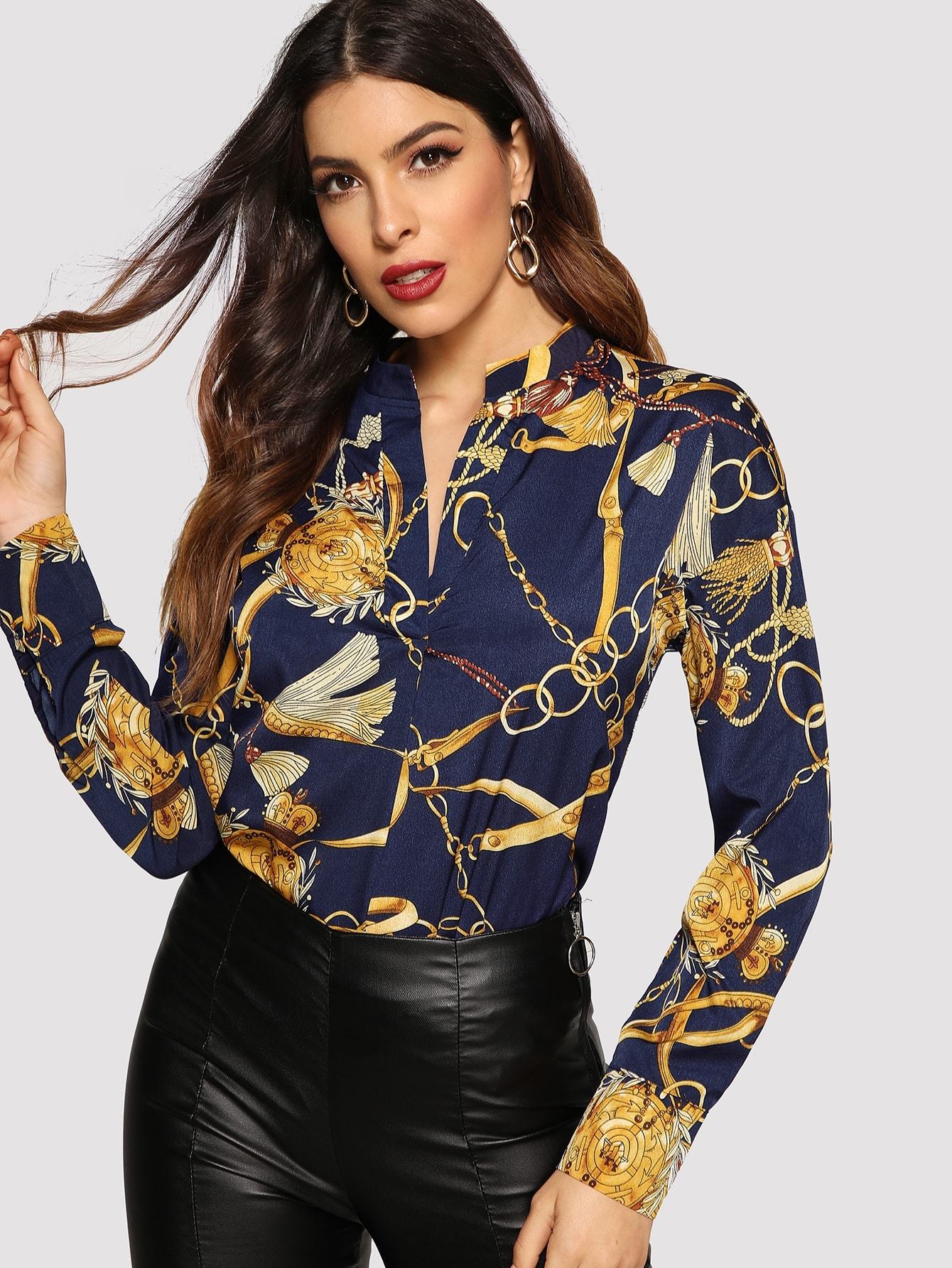 Chain Print V Neck  Blouse