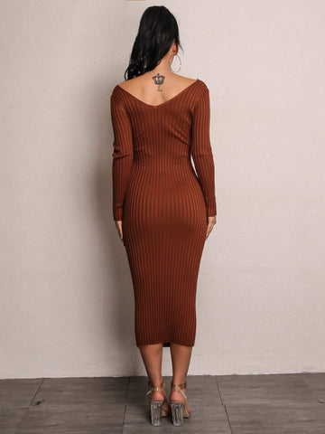 Joyfunear Double V Neckline Rib Knit Dress