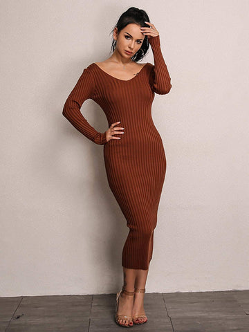 Joyfunear Double V Neckline Rib Knit Dress