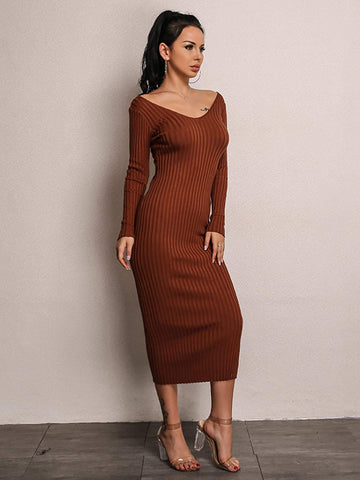 Joyfunear Double V Neckline Rib Knit Dress